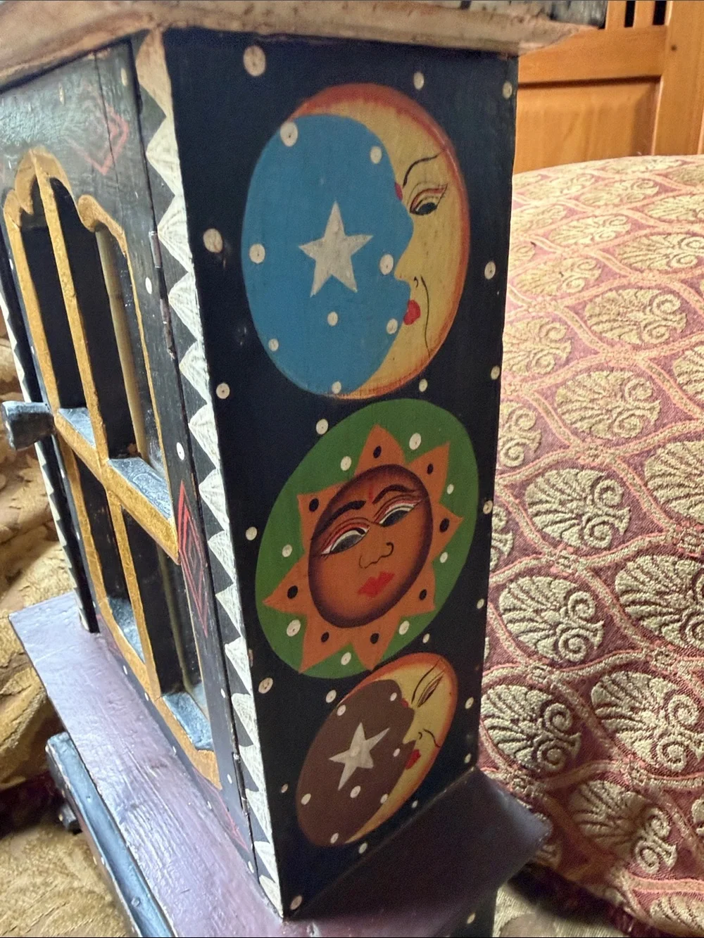 Hand-Painted Bohemian Vintage Wooden Jewelry Cabinet with Sun & Moon